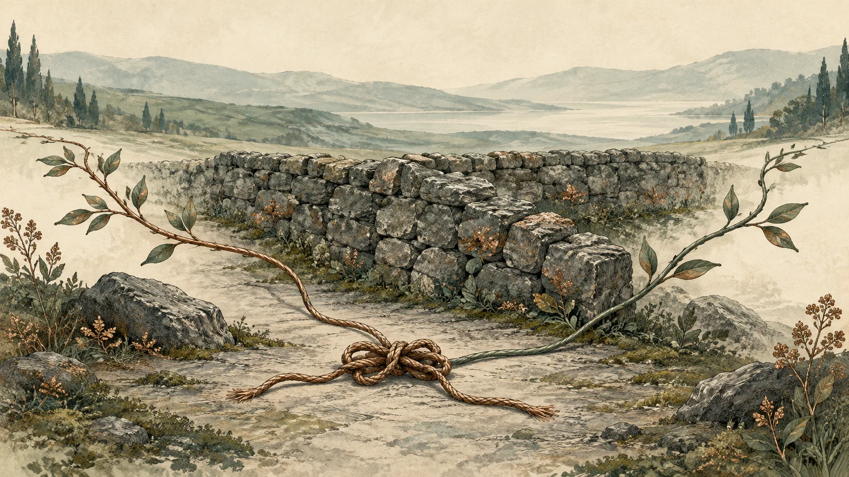 A loosened rope lies before an intact stone boundary, with vines extending to either side