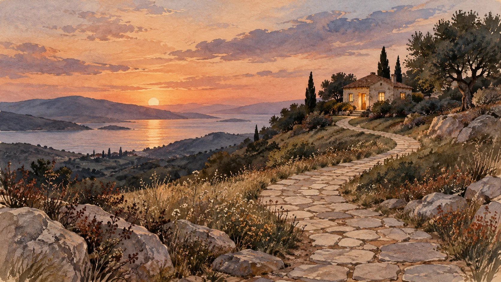 A winding path returns toward a warmly lit home beneath an open evening sky